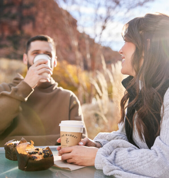 coffee and muffins at the market at enchantment resort, outdoor seating, 2 guests