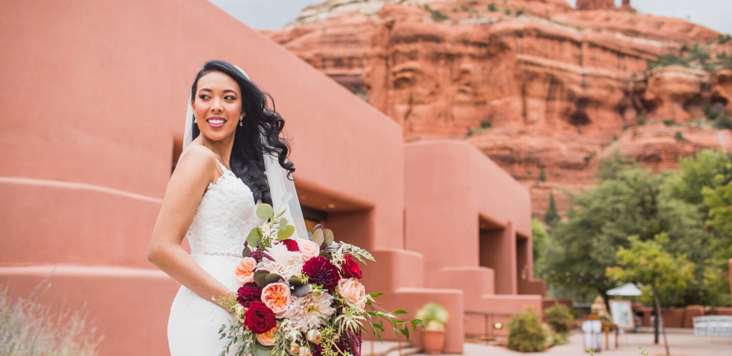 bride with large flower bouquet
