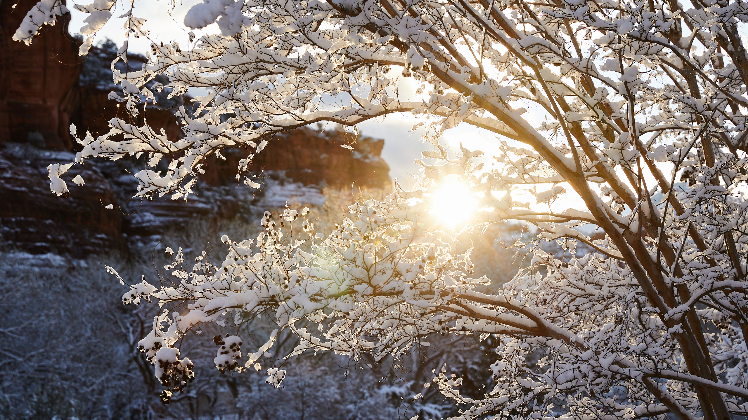 sun coming up over the snowy sedona red rocks