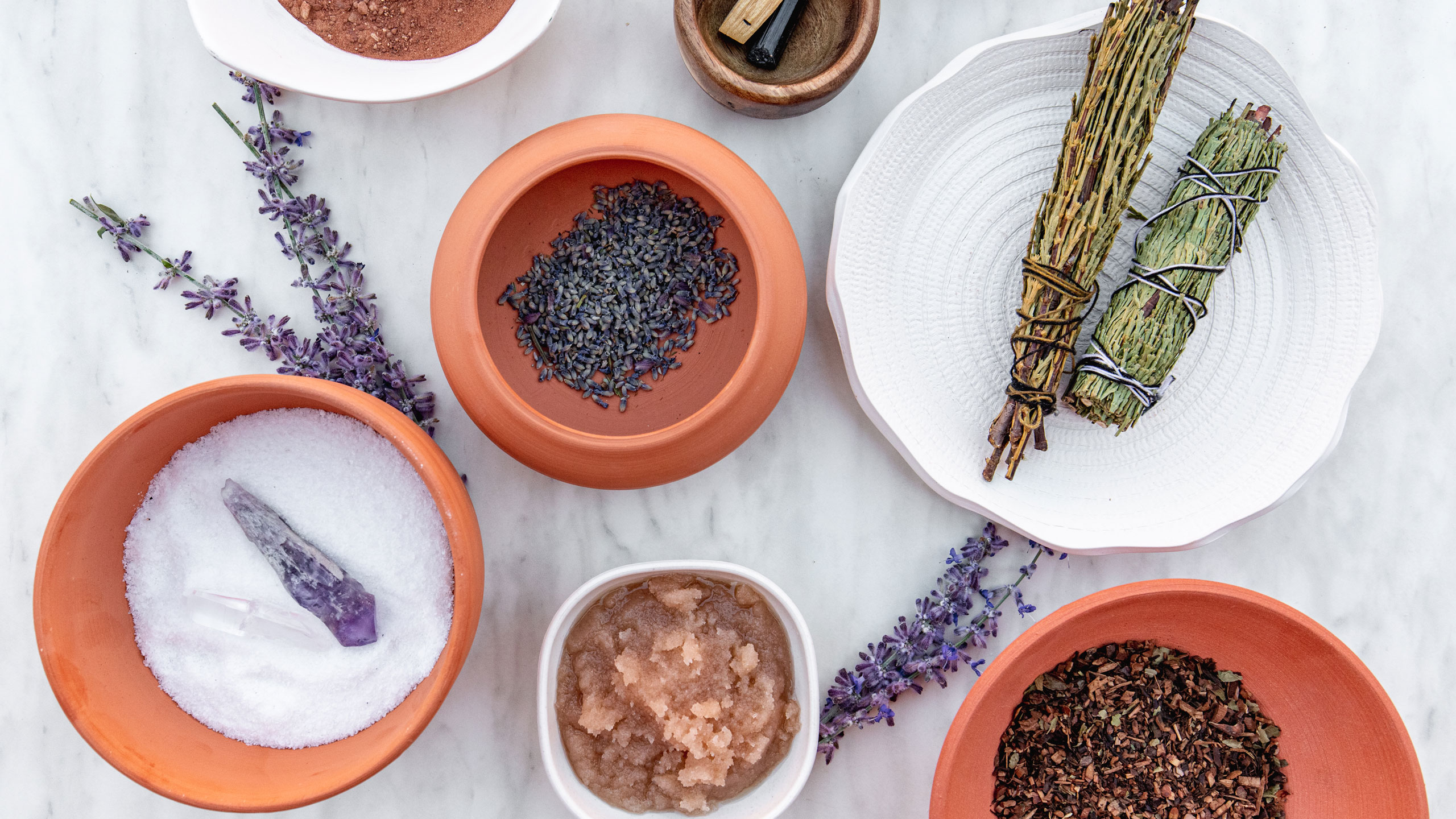 bowls with salts and herbs
