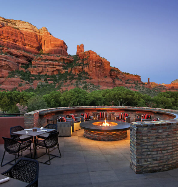 Tii Gavo outdoor firepit with red rock view